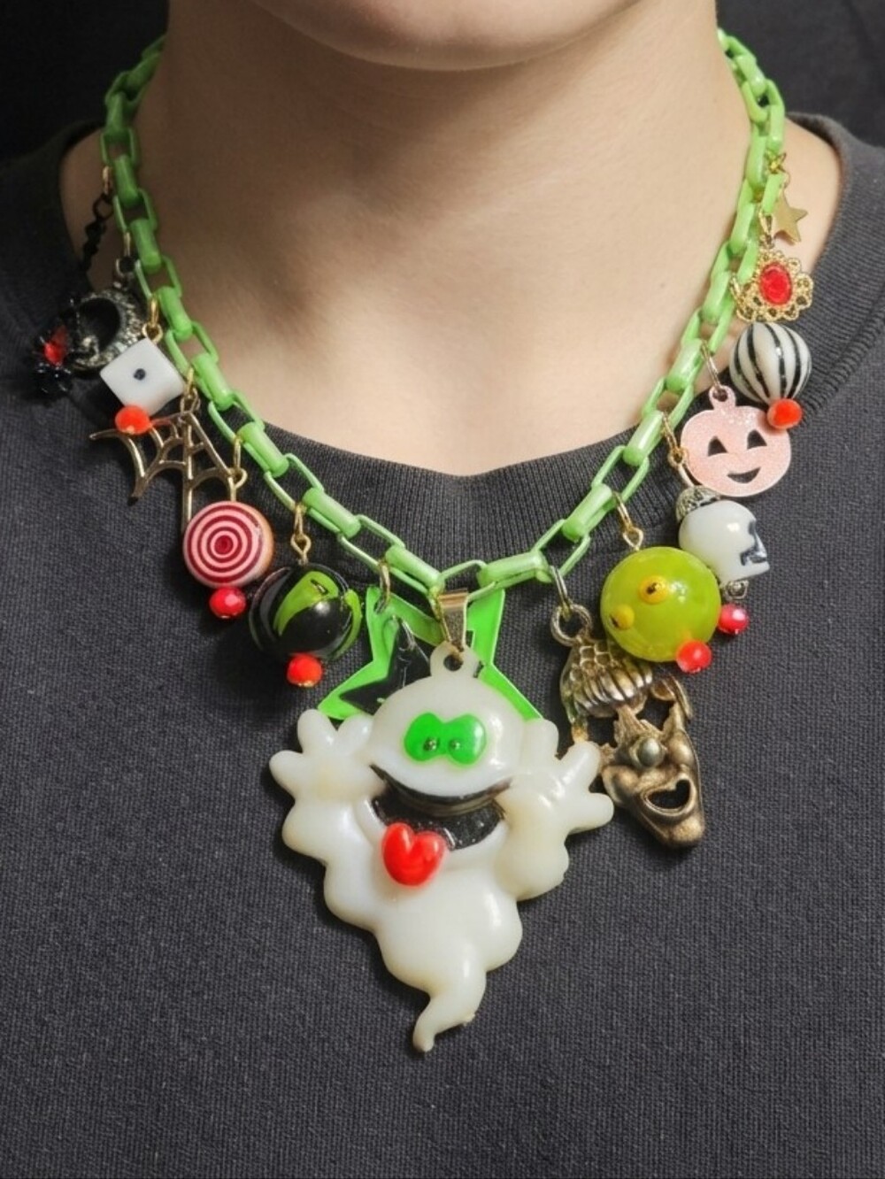 OOAK Kitsch Halloween Charm Necklace Neon Green 20" Chain Ghost Pumpkin Skull